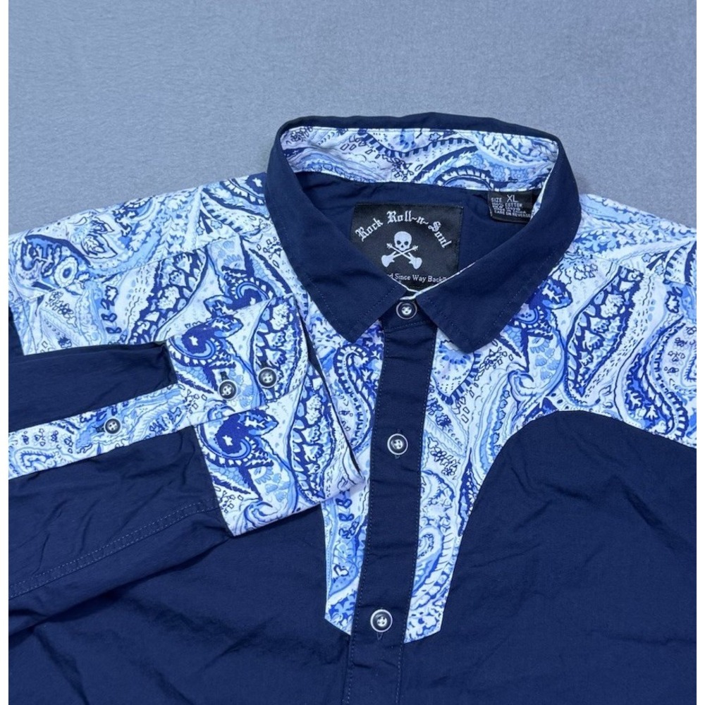 Rock Roll N Soul Shirt Mens XL Rodeo Cowboy Navy Western Yoke Ranch Geometric